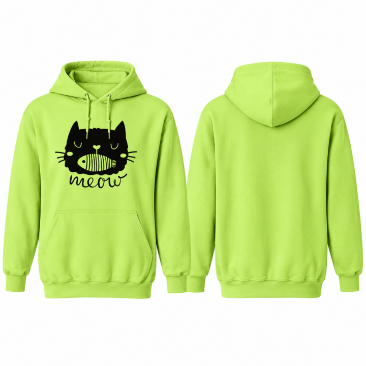 Lime and Black Pullover Hoodie with Cat Graphic