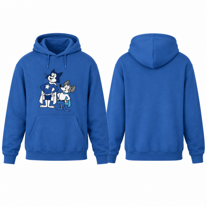 Blue and White Pullover Hoodie with Cartoon Graphic