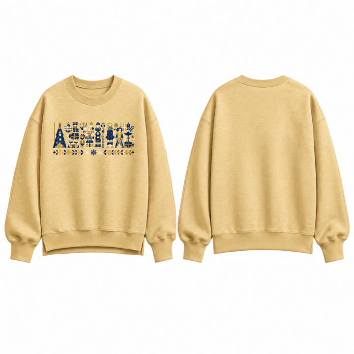 Gold and Navy Crewneck Sweatshirt with Holiday Graphic