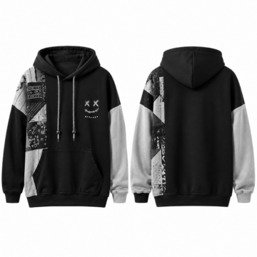 Black and Silver Graphic Oversized Hoodie with Kangaroo Pocket