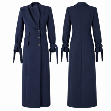 Navy and White Tailored Long Coat with Exaggerated Collar and Tie Cuffs