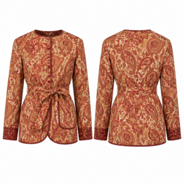 Red and Gold Paisley Collarless Fitted Jacket with Sash