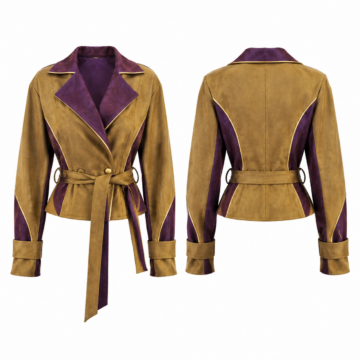 Gold and Purple Wrap-Front Faux-Suede Jacket with Tie Belt