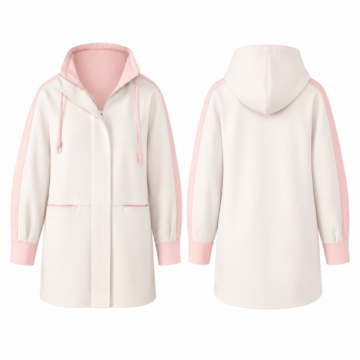 White and Pink Longline Hooded Open-Front Jacket with Half-Zip