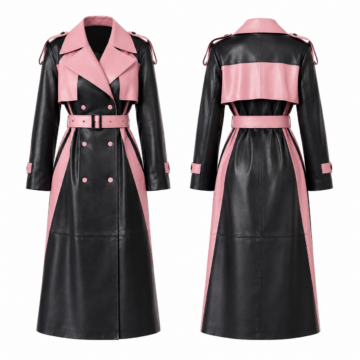 Black and Pink Longline Trench Coat with Belt
