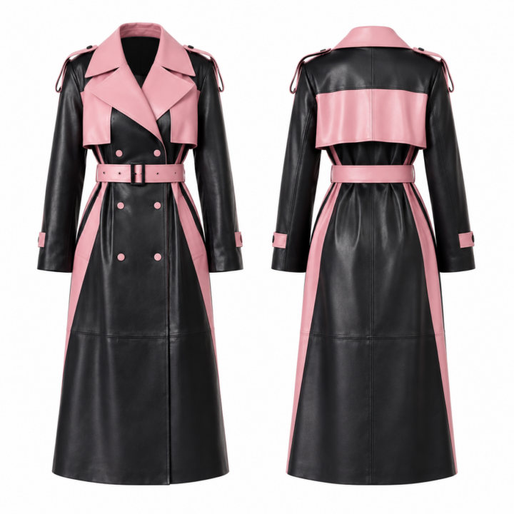 Black and Pink Longline Trench Coat with Belt