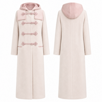 White and Pink Longline Hooded Duffle Coat