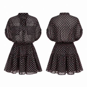 Black and Pink Polka-Dot Mini Dress with Tie Neck