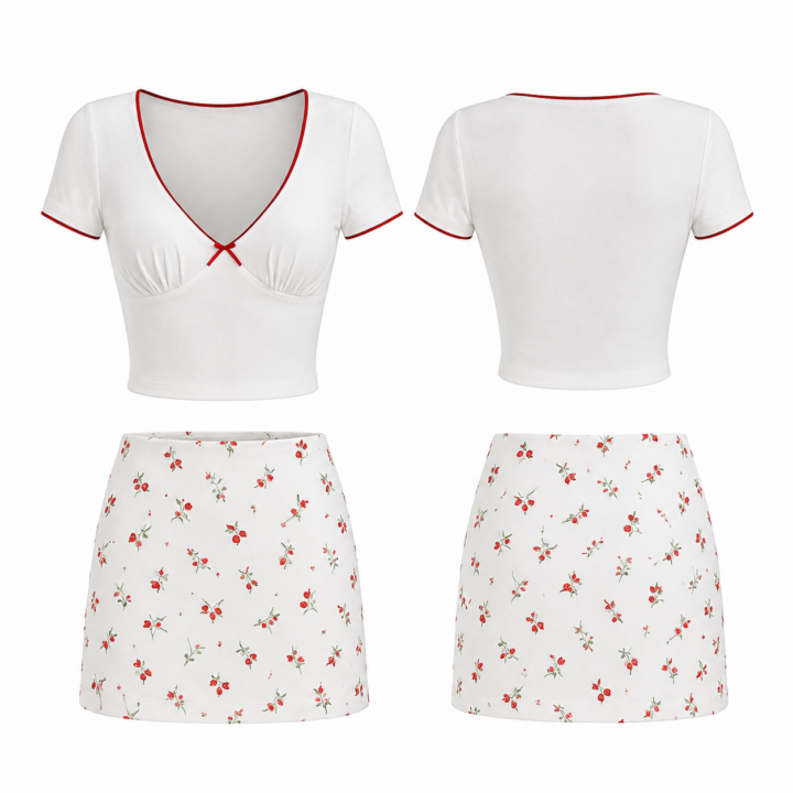 White and Red Two-Piece Crop Top and Floral Mini Skirt Set