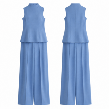 White and Blue Sleeveless Mock-Neck Top and Wide-Leg Trousers Set
