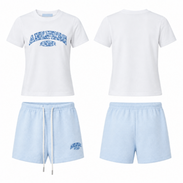 White and Blue Short-Sleeve T-Shirt and Shorts Two-Piece Set