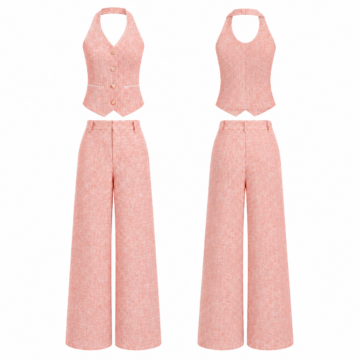Coral and White Halter Vest and Wide-Leg Trouser Set