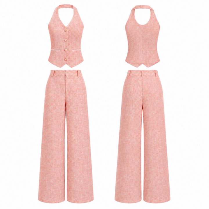 Coral and White Halter Vest and Wide-Leg Trouser Set