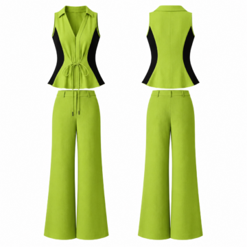 Lime and Black Sleeveless Collared Top and Wide-Leg Trousers Set