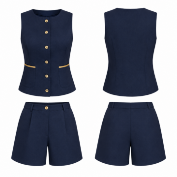 Navy and Gold Sleeveless Vest and High-Waisted Shorts Set