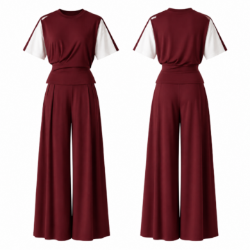 Burgundy and White Crew Neck T-Shirt and Wide-Leg Pants Two-Piece Set