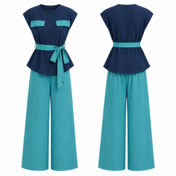 Navy and Turquoise Cap Sleeve Top and Wide-Leg Pants Two-Piece Set