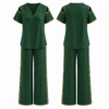 Forest Green and Gold Two-Piece Set with V-Neck Top and Wide-Leg Pants