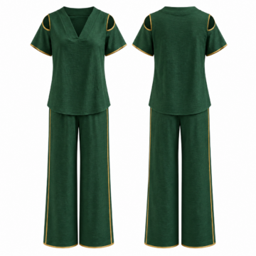 Forest Green and Gold Two-Piece Set with V-Neck Top and Wide-Leg Pants