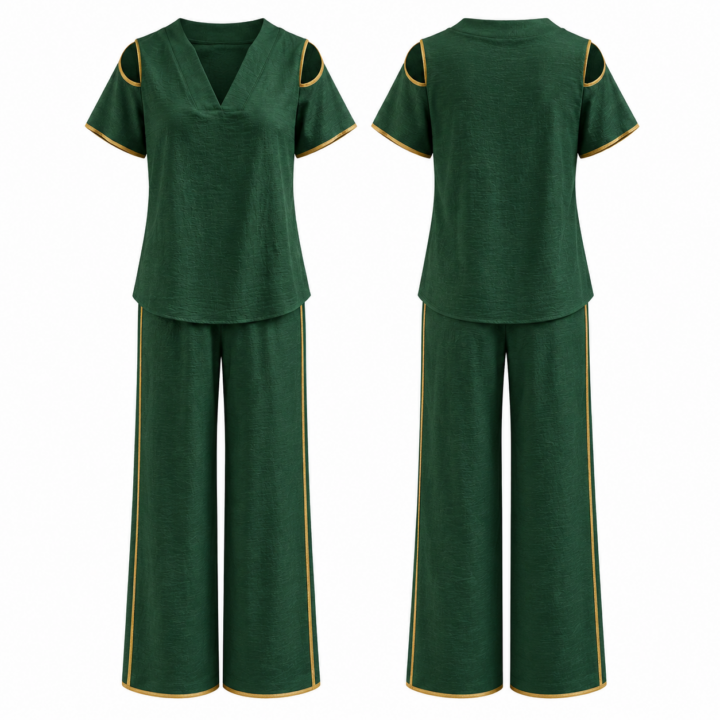 Forest Green and Gold Two-Piece Set with V-Neck Top and Wide-Leg Pants