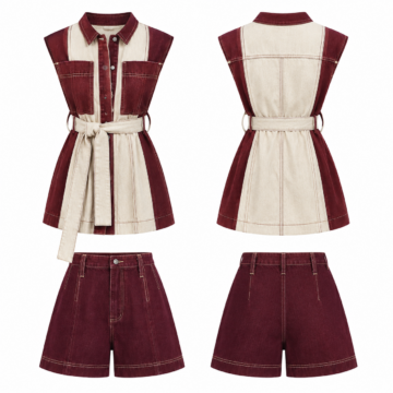 Cream and Maroon Denim Sleeveless Top and High-Waisted Shorts Two-Piece Set
