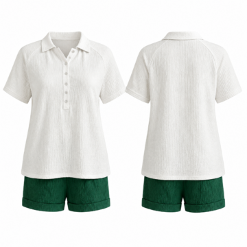 White and Emerald Collared Top and Cuffed Shorts Two-Piece Set
