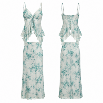 White and Teal Floral Print Two-Piece Cami and Midi Skirt Set