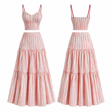 White and Red Ribbed Knit Crop Cami and Tiered Maxi Skirt Set