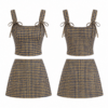 Gold and Navy Gingham Two-Piece Set with Tie-Front Crop Top and Mini Skirt