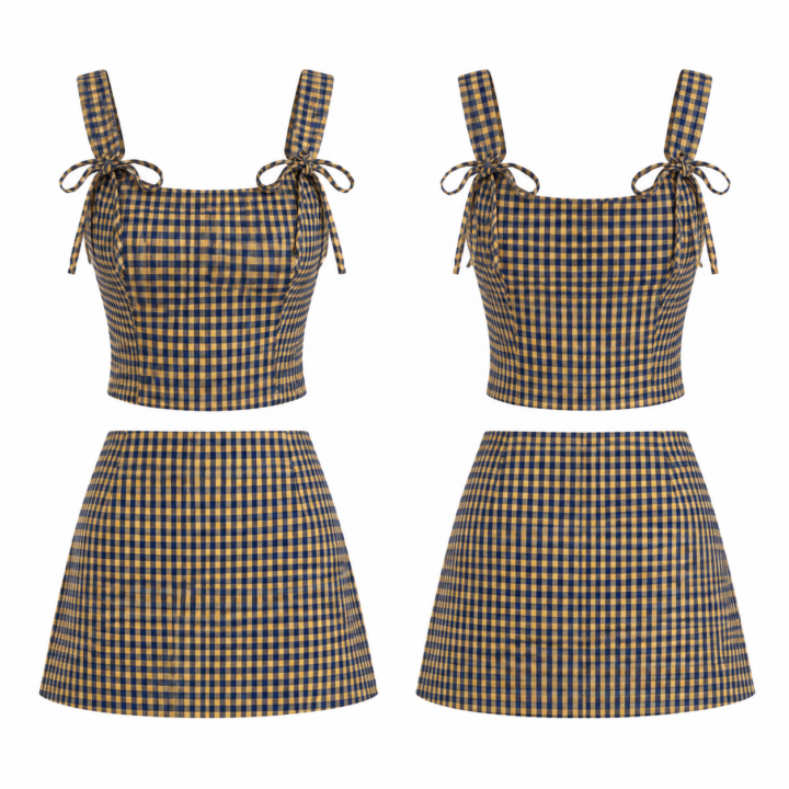Gold and Navy Gingham Two-Piece Set with Tie-Front Crop Top and Mini Skirt