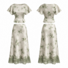 White and Green Two-Piece Set with Flutter-Sleeve Top and Lace-Trim Midi Skirt