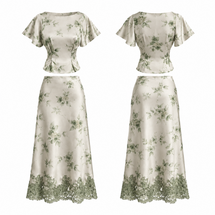 White and Green Two-Piece Set with Flutter-Sleeve Top and Lace-Trim Midi Skirt