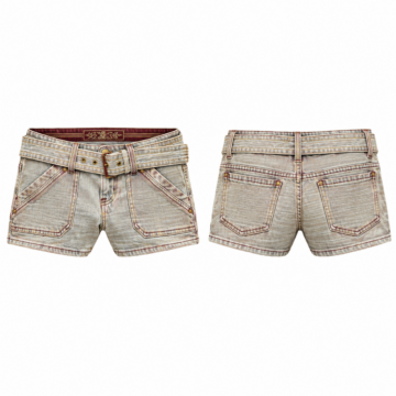 Gold and Maroon Denim Shorts with Self-Tie Belt and Patch Pockets