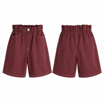 Burgundy and White High-Waisted Paperbag Flared Shorts