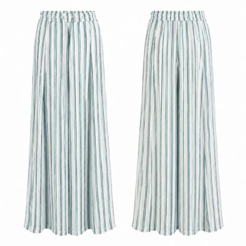White and Teal Pinstripe Wide-Leg Elastic Waist Pants
