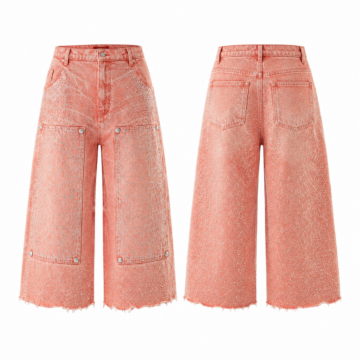 Coral and White Rhinestone Wide-Leg Cropped Denim Pants