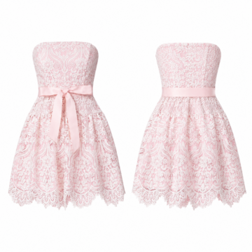 Pink and White Lace Overlay Strapless Mini Dress with Satin Bow