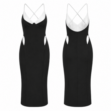 Black and White Spaghetti Strap Bodycon Midi Dress with Cross Back