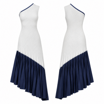 White and Navy One-Shoulder Ribbed Knit Pleated Midi Dress