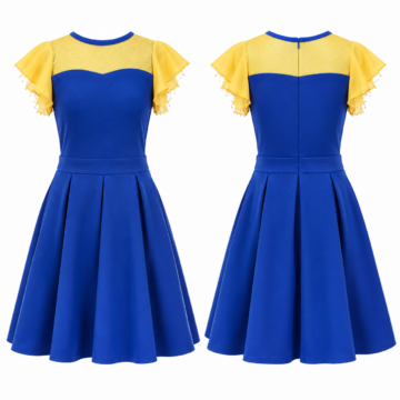 RoyalBlue and Yellow Flutter Sleeve Fit and Flare Midi Dress