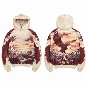 Cream and Maroon Oversized Graphic Pullover Hoodie with Eagle Print