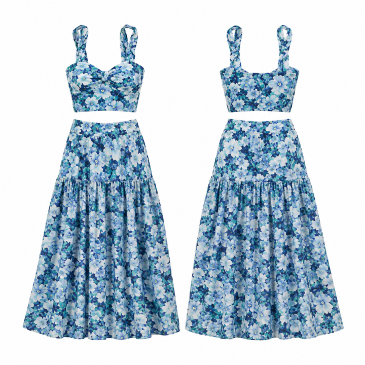 Navy and Turquoise Floral Crop Top and Maxi Skirt Set