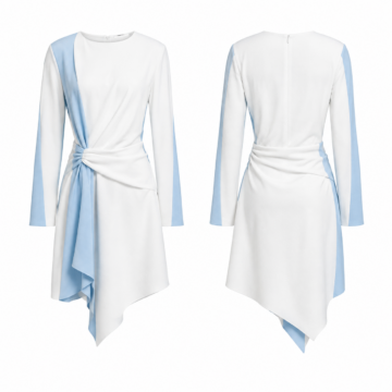 White and SkyBlue Long Sleeve Twist Waist Midi Dress